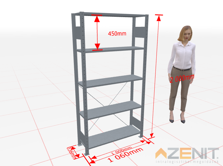 Kapcsolható polcos állvány alapmező MULTIplus típus, 1000×300 mm polcokkal, 2000 mm magas 5 polcos horganyzott 
