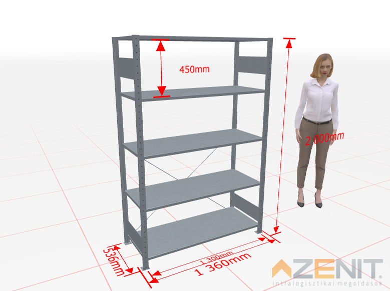 Kapcsolható polcos állvány alapmező MULTIplus típus, 1300×500 mm polcokkal, 2000 mm magas 5 polcos horganyzott 